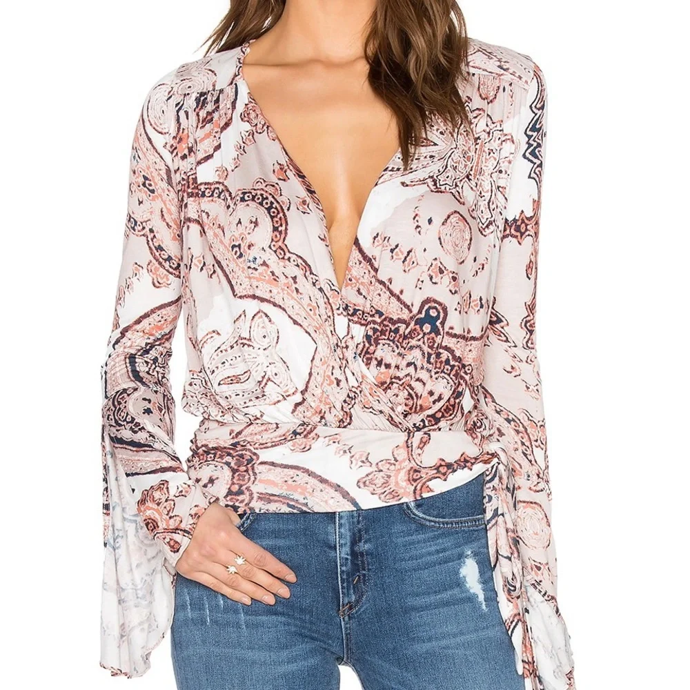 Free People Fiona Paisley Faux Wrap Top Boho Bell Sleeve Surplice Blouse Size M